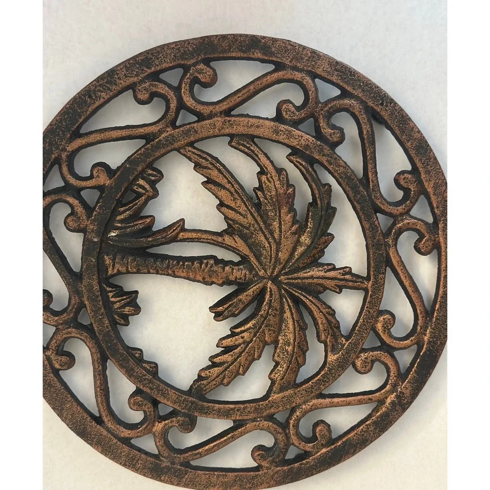Vintage Brass Palm Tree Trivet 6.75 Inch Round Tropical Coastal Decor 3 Feet